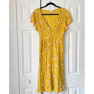 Urban Romantics Yellow Floral Button Down Midi Dress V-Neck Cap Sleeve Large